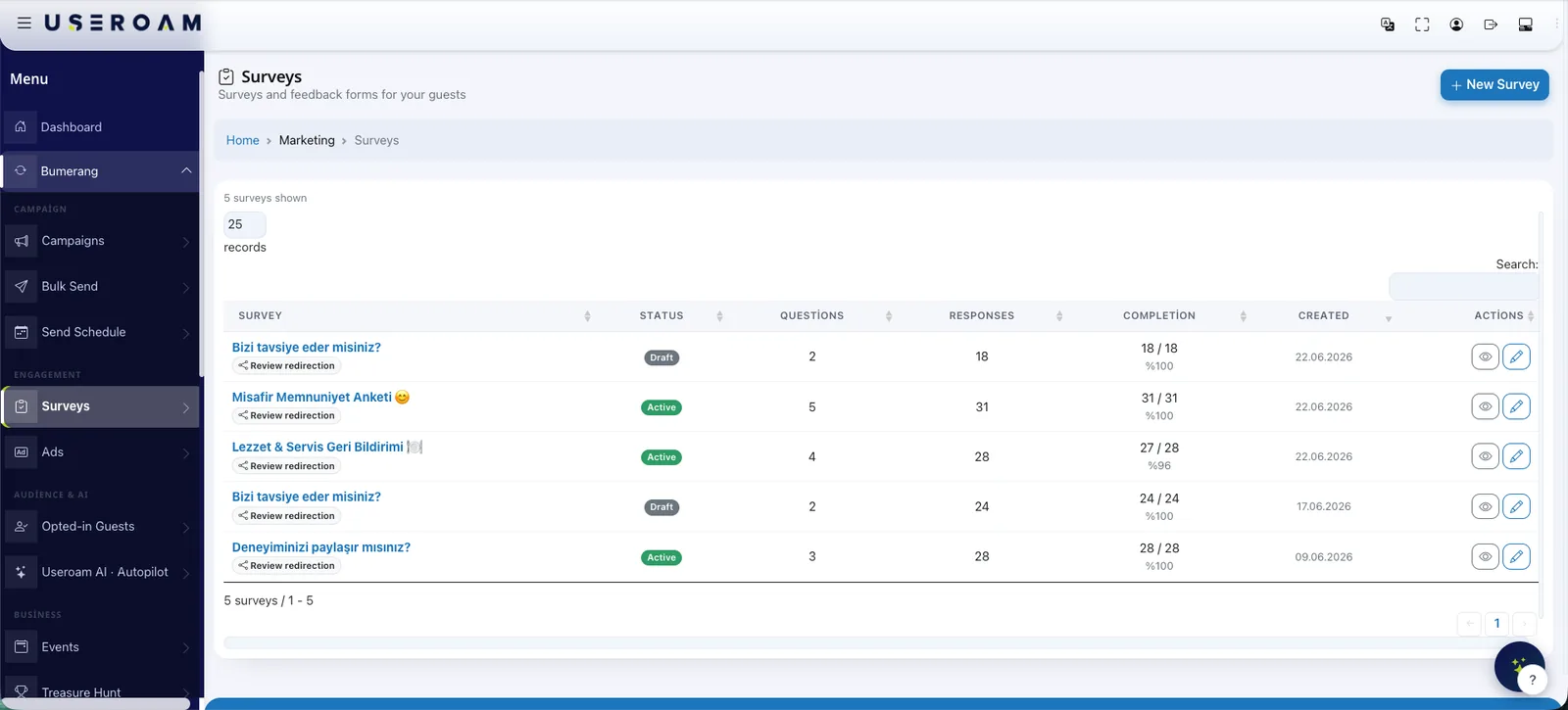 Bumerang survey panel with active surveys, completion rates and review routing conversion