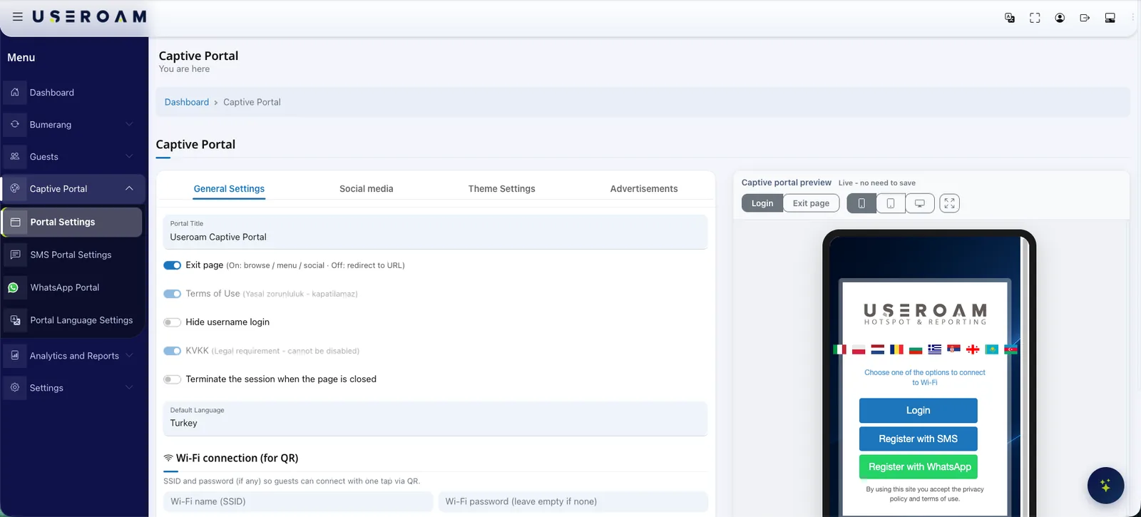 Captive portal settings screen