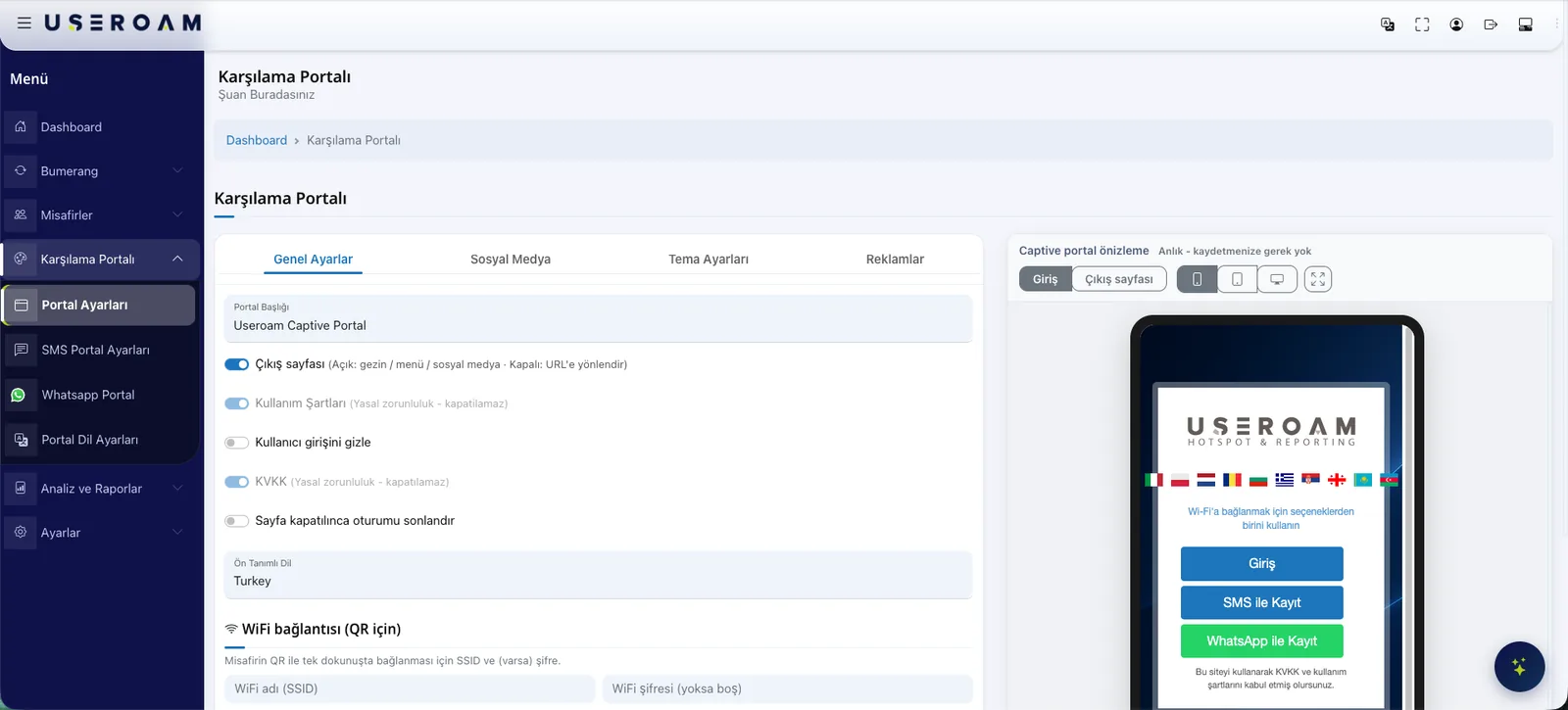 Captive portal ayar ekranı