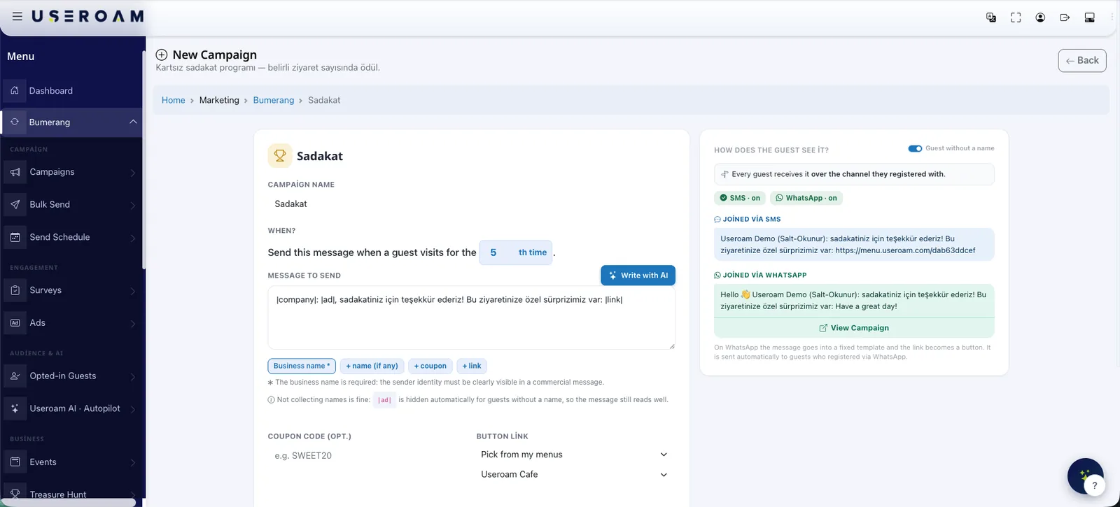 Useroam campaign builder: a "send this message when a guest visits for the 5th time" trigger, business name / name / coupon / link tokens and a live preview of the SMS and WhatsApp message the guest will see