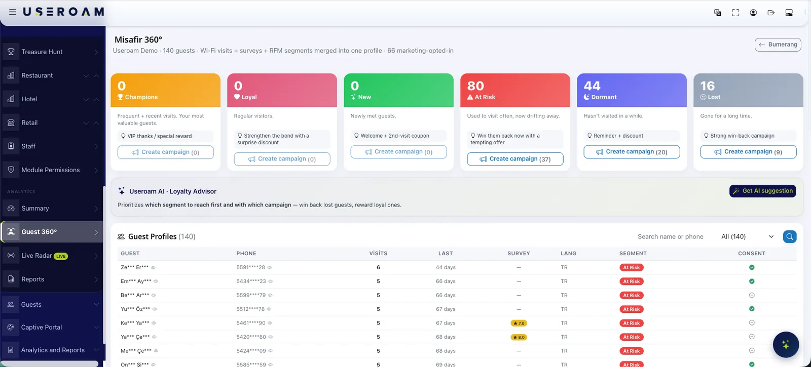 Guest 360 profile and segments screen