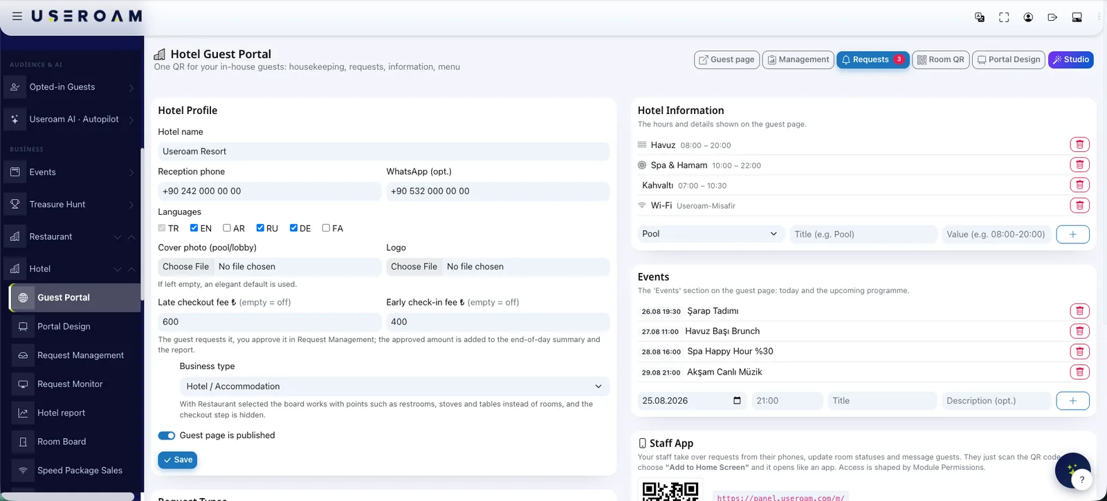 Hotel in-house service request screen