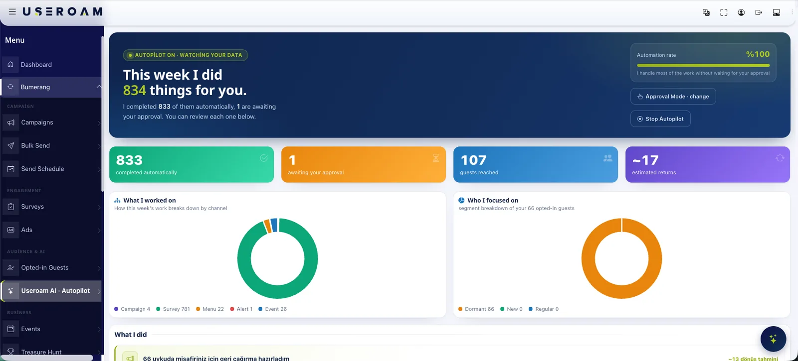 Bumerang Autopilot panel showing automatically completed jobs and campaign suggestions awaiting approval