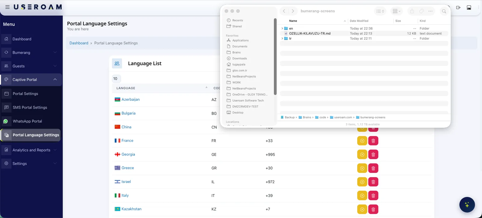 Language flags on the guest portal and the portal language list in the panel