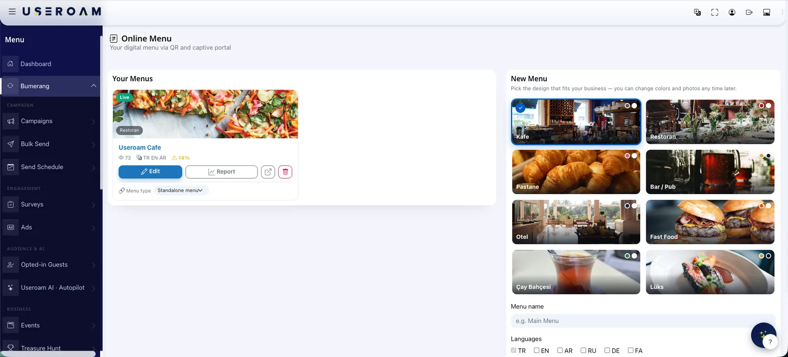 Bumerang QR Menu Studio with multilingual menu editing, AI scanning and translation, and live mobile preview