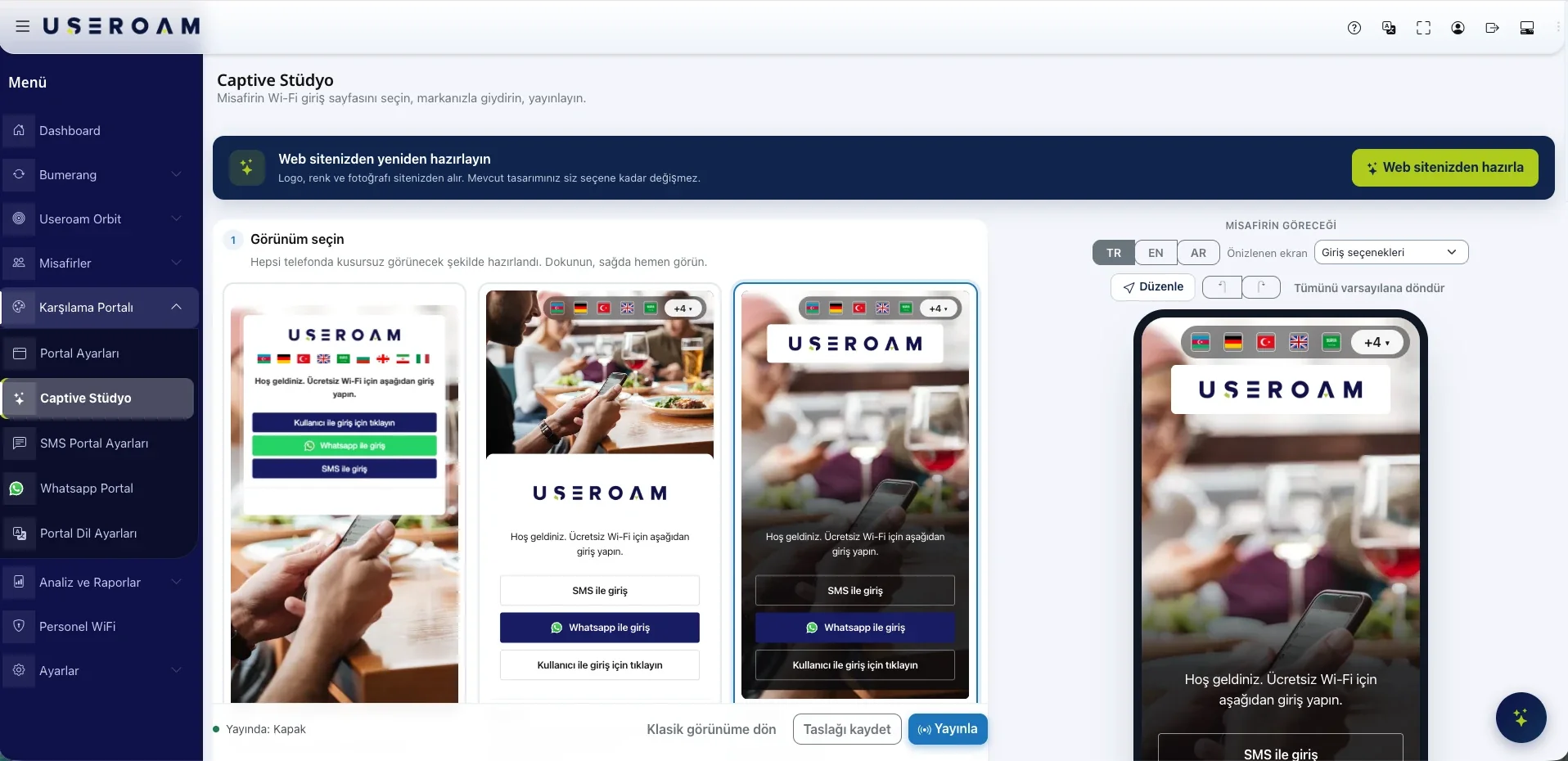 Useroam paneli: Captive Stüdyo'da görünüm seçimi, web sitenizden tema kurma ve canlı telefon önizlemesi