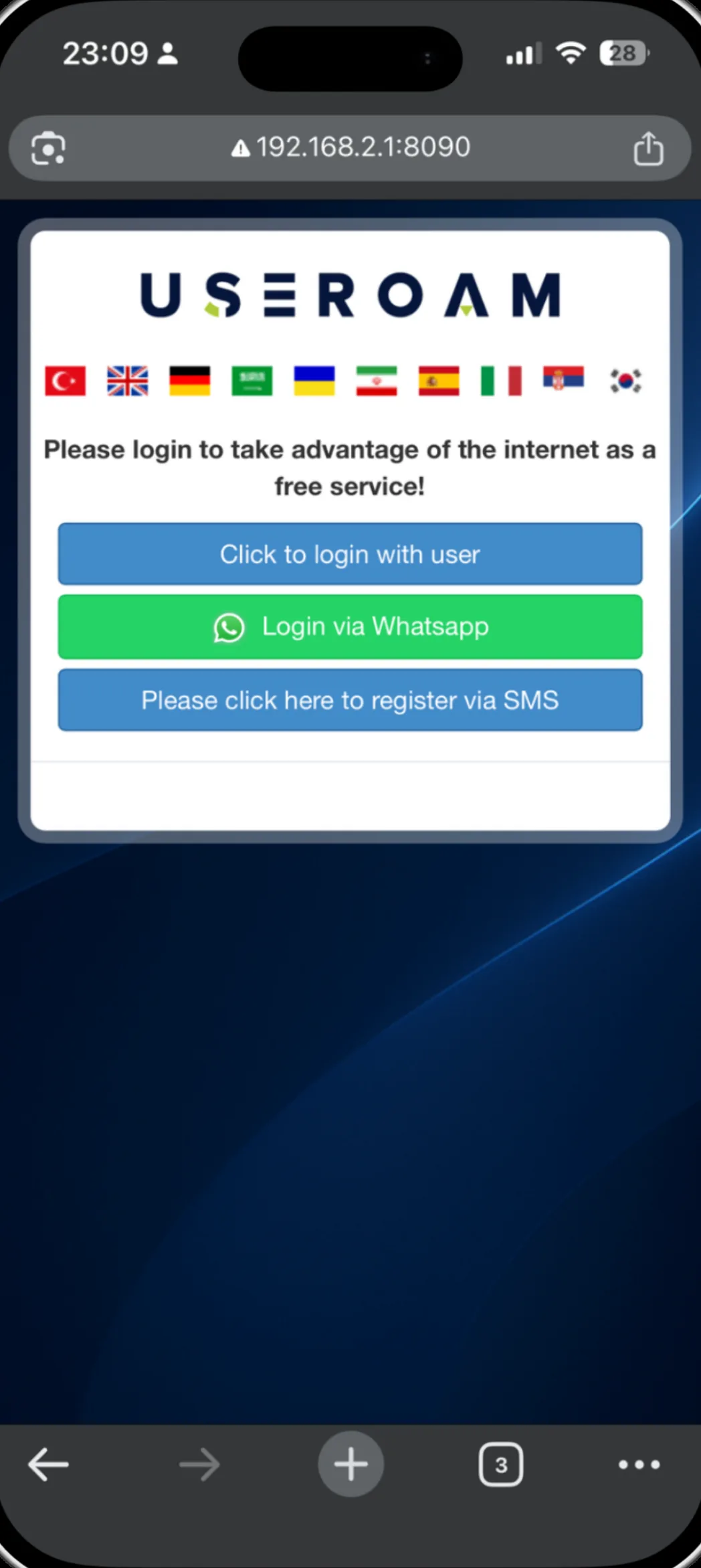 Mobile captive portal screen with multilingual welcome, WhatsApp login and SMS signup options