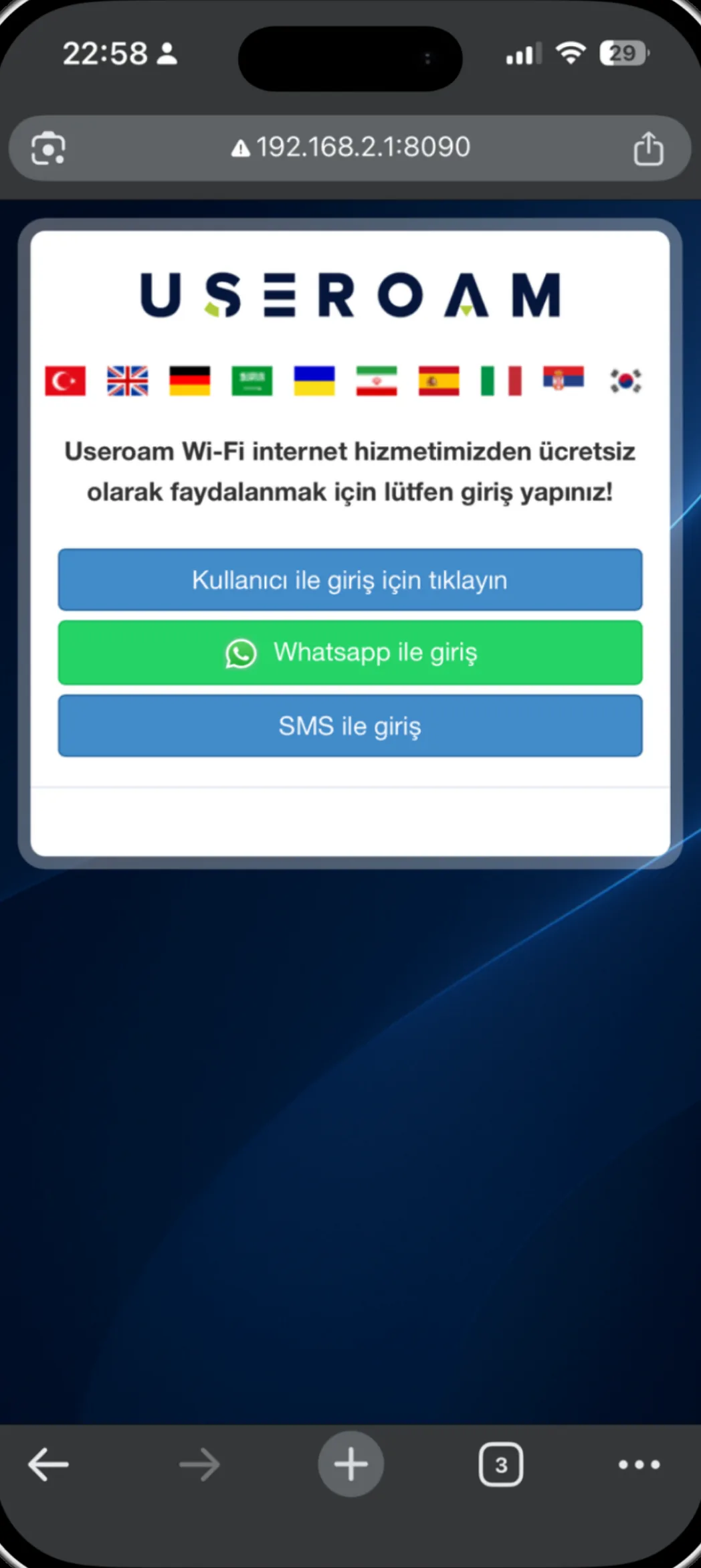 Mobil captive portal giriş ekranı