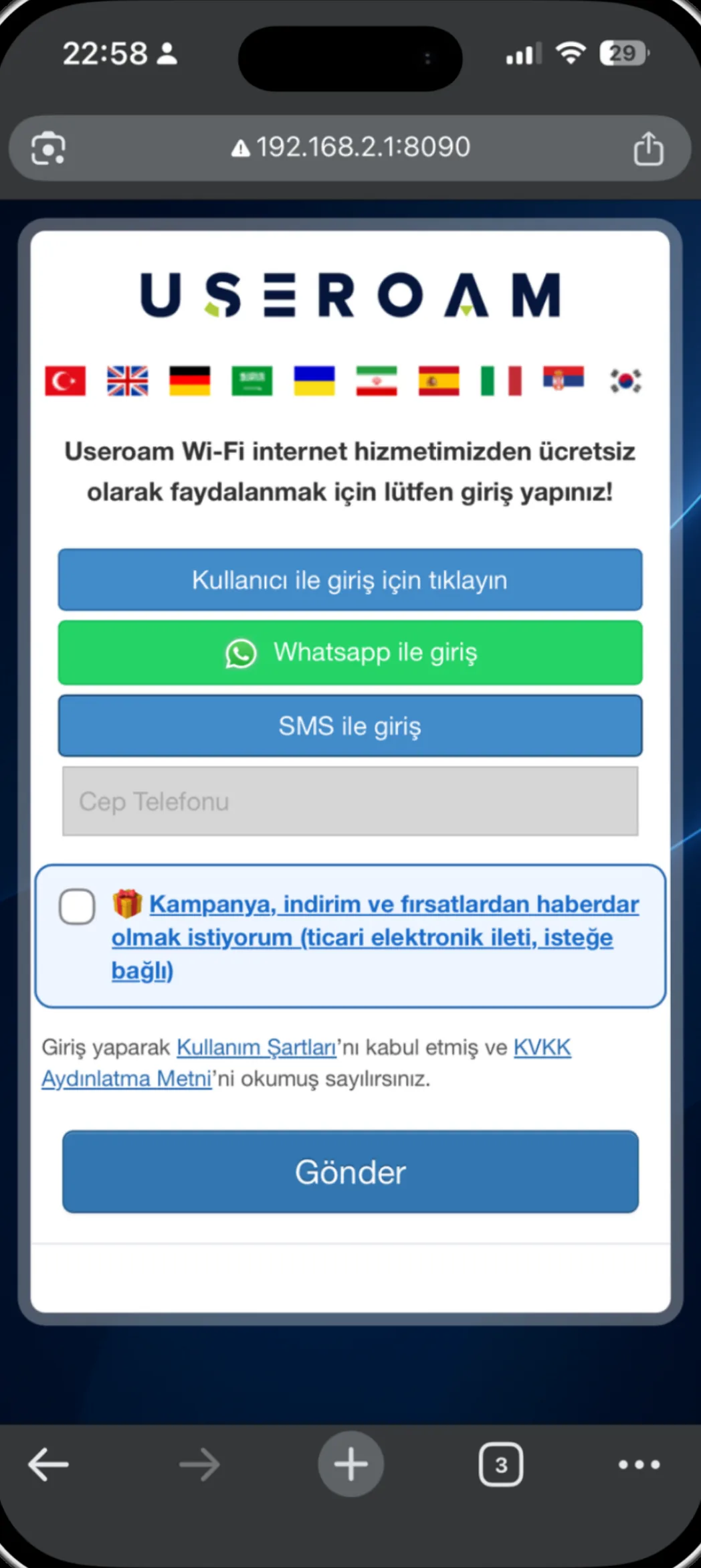 Useroam mobil karşılama ekranı: SMS kodu ile misafir WiFi doğrulaması