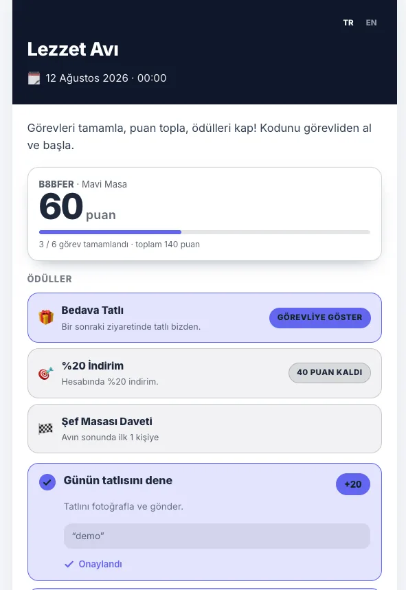 Treasure Hunt participant screen with score bar, earned rewards and an approved mission card