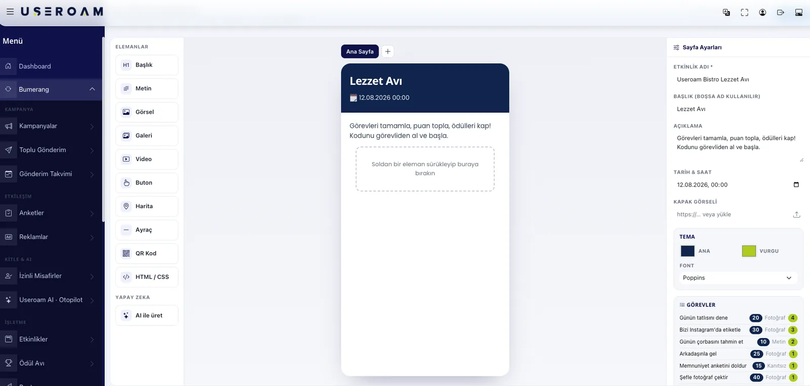 Treasure Hunt studio with drag-and-drop elements, theme settings and the missions card