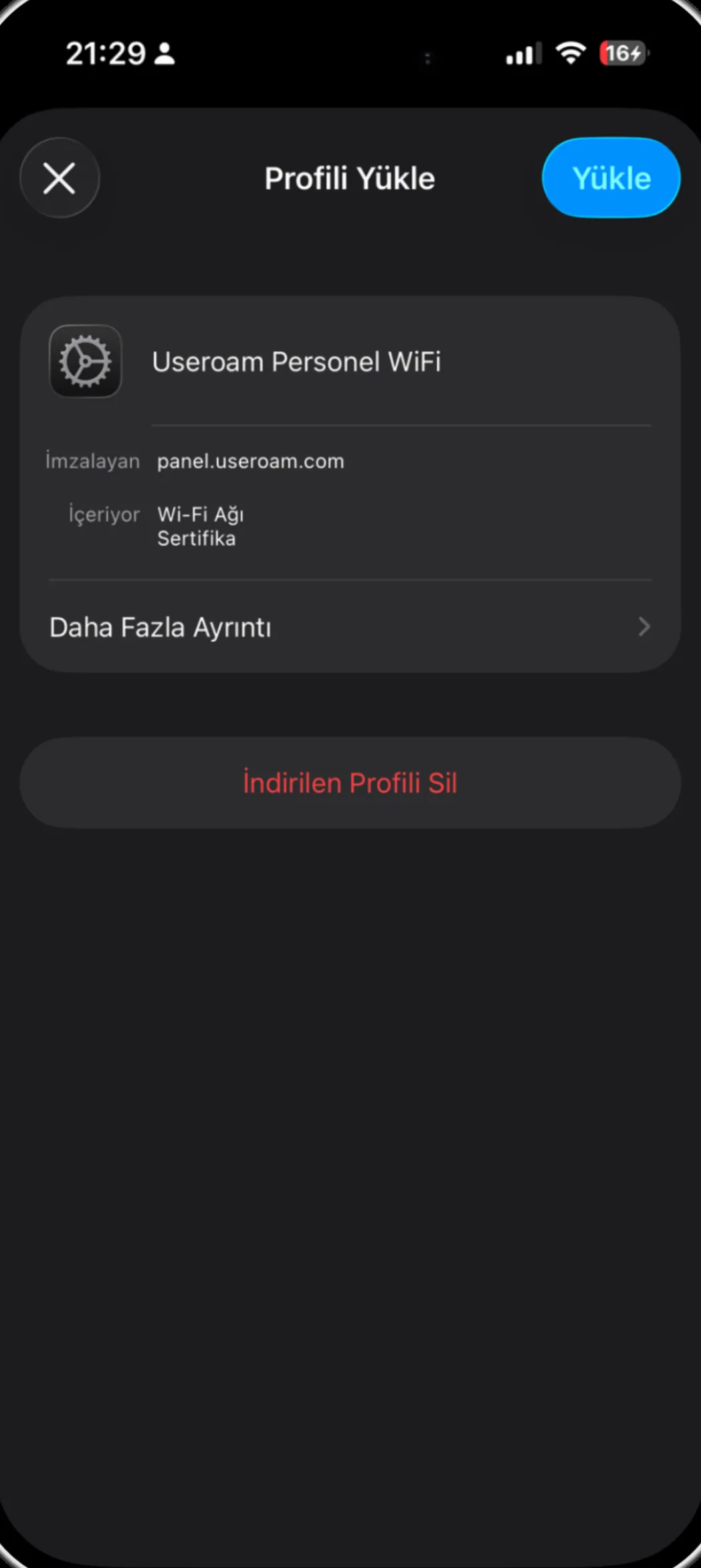 iOS Profili Yükle ekranı: Useroam Personel WiFi, İçeriyor: Wi-Fi Ağı, Sertifika