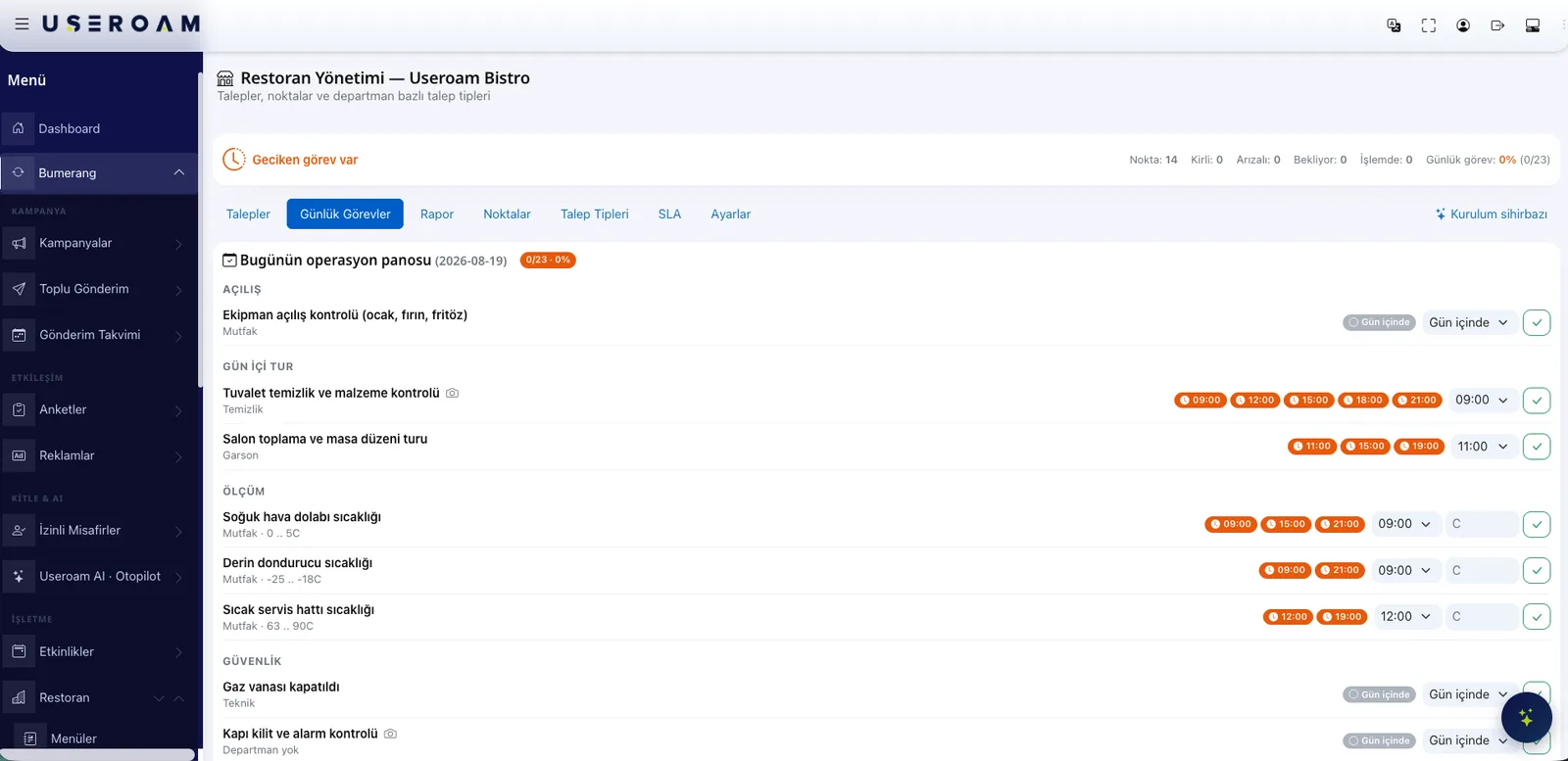 Restaurant daily tasks screen with opening, walkthrough, measurement and safety sections
