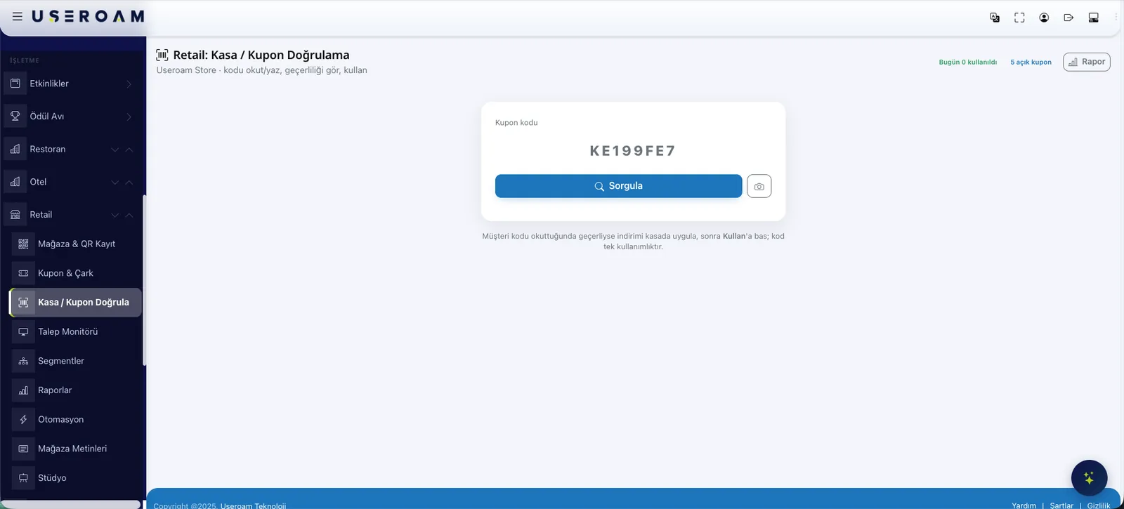 Useroam Retail kasa ekranı: kupon kodu sorgulanıyor, geçerliyse indirim kasada uygulanıyor ve kod tek kullanımlık olarak kapanıyor