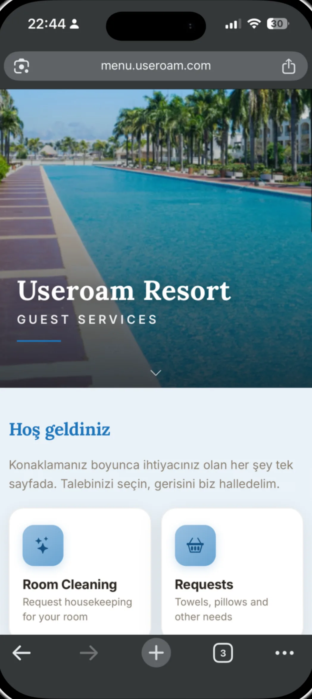 White-label hotel guest portal with multilingual interface, housekeeping, late checkout and issue report cards
