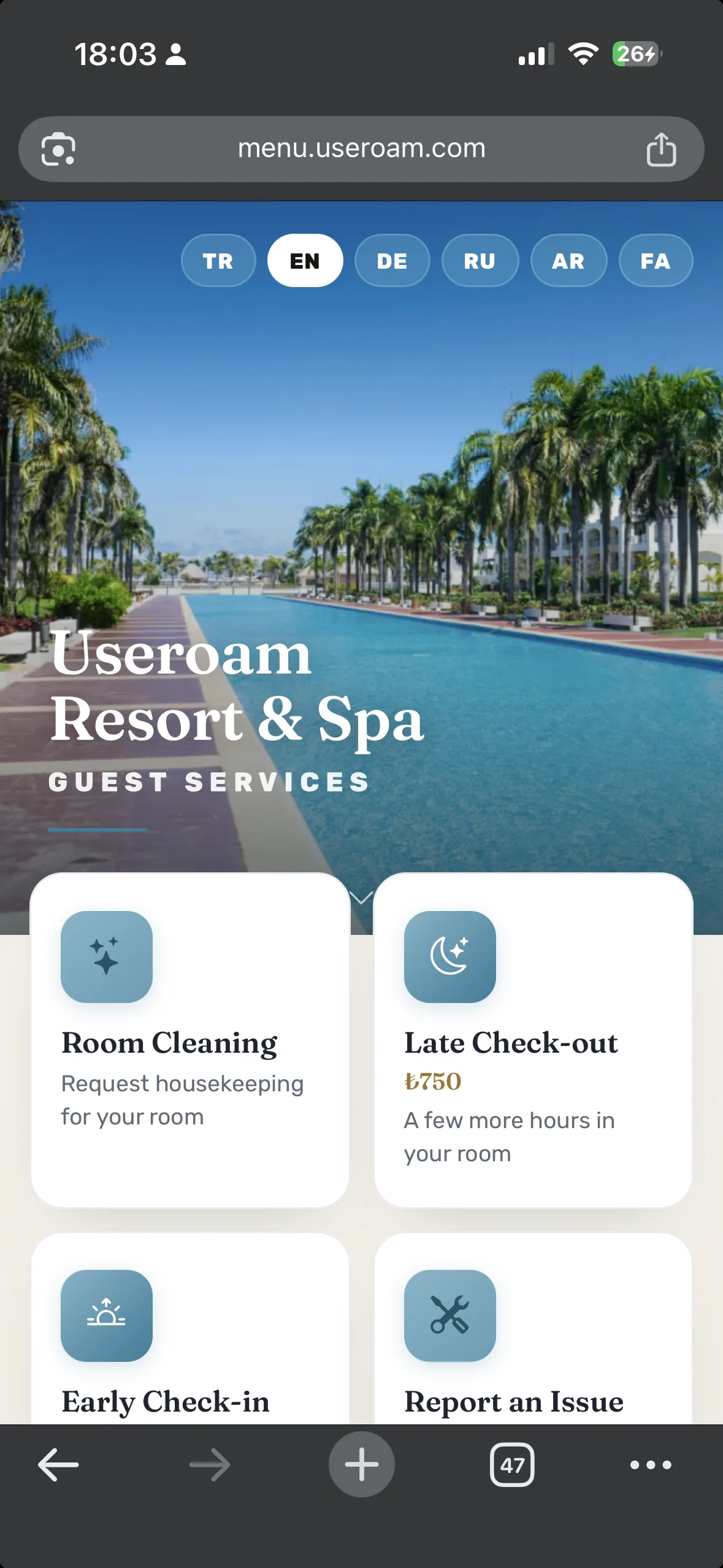 White-label otel misafir portalı: çok dilli arayüz, housekeeping, geç çıkış ve arıza bildirimi kartları