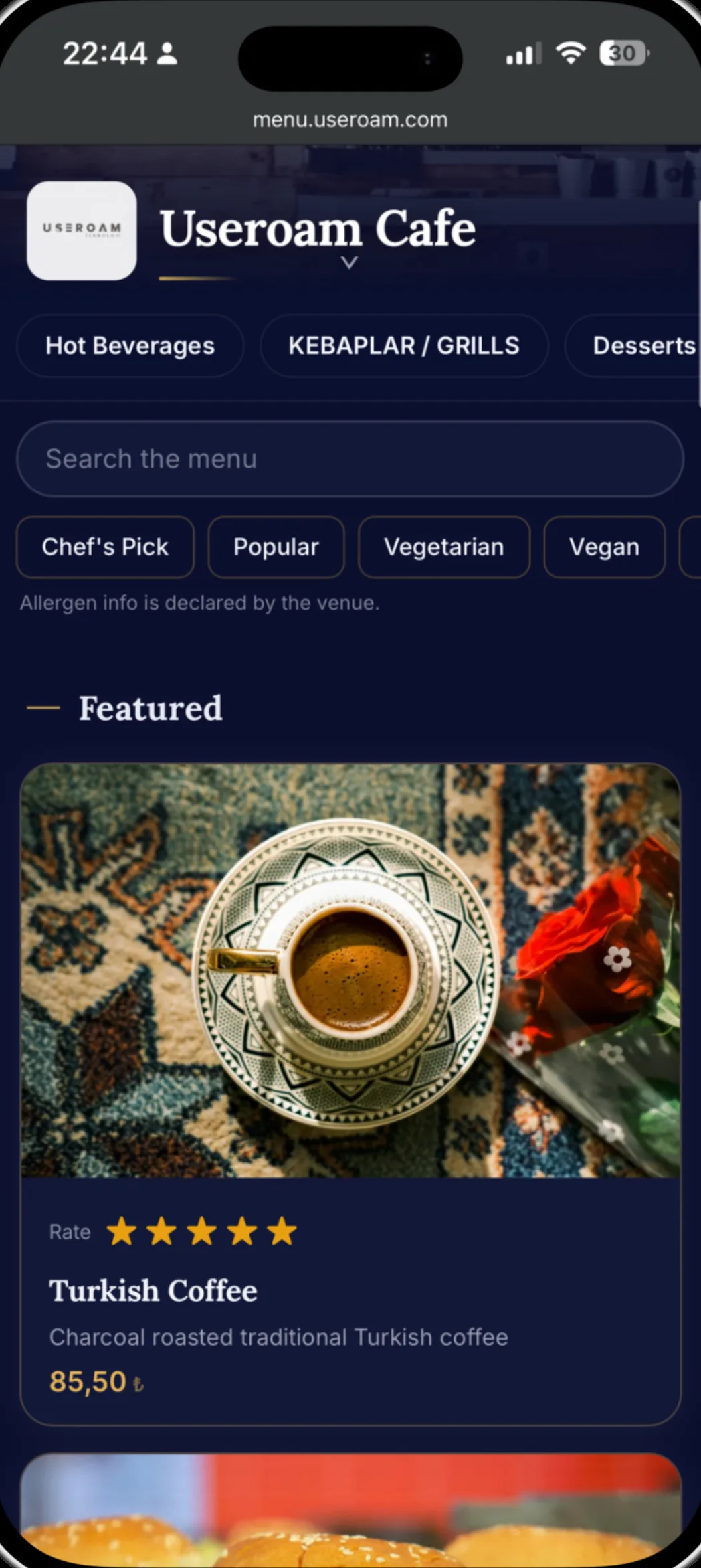 White-label mobile QR menu with category filters, product photos, allergen details and prices