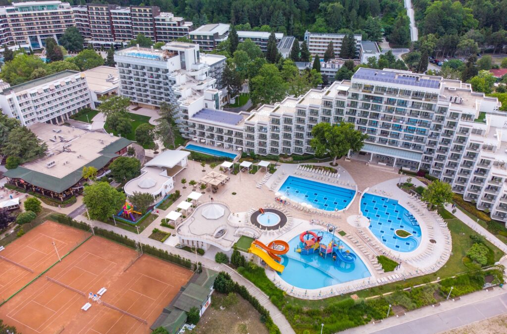 Aerial drone view of Albena empty sandy beach resort, Bulgaria