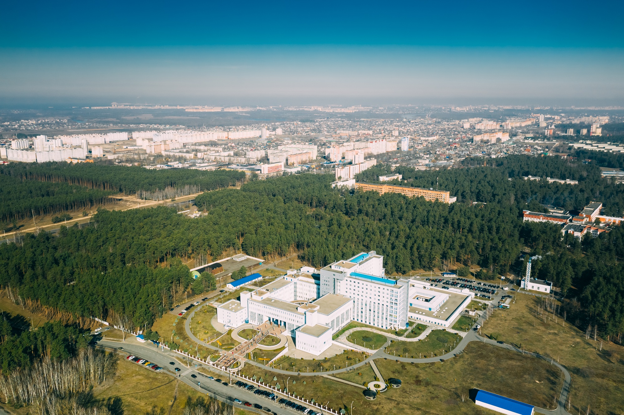 Aerial View OF Building Of Scientific Center For Radiation Medicine And Human Ecology In Spring